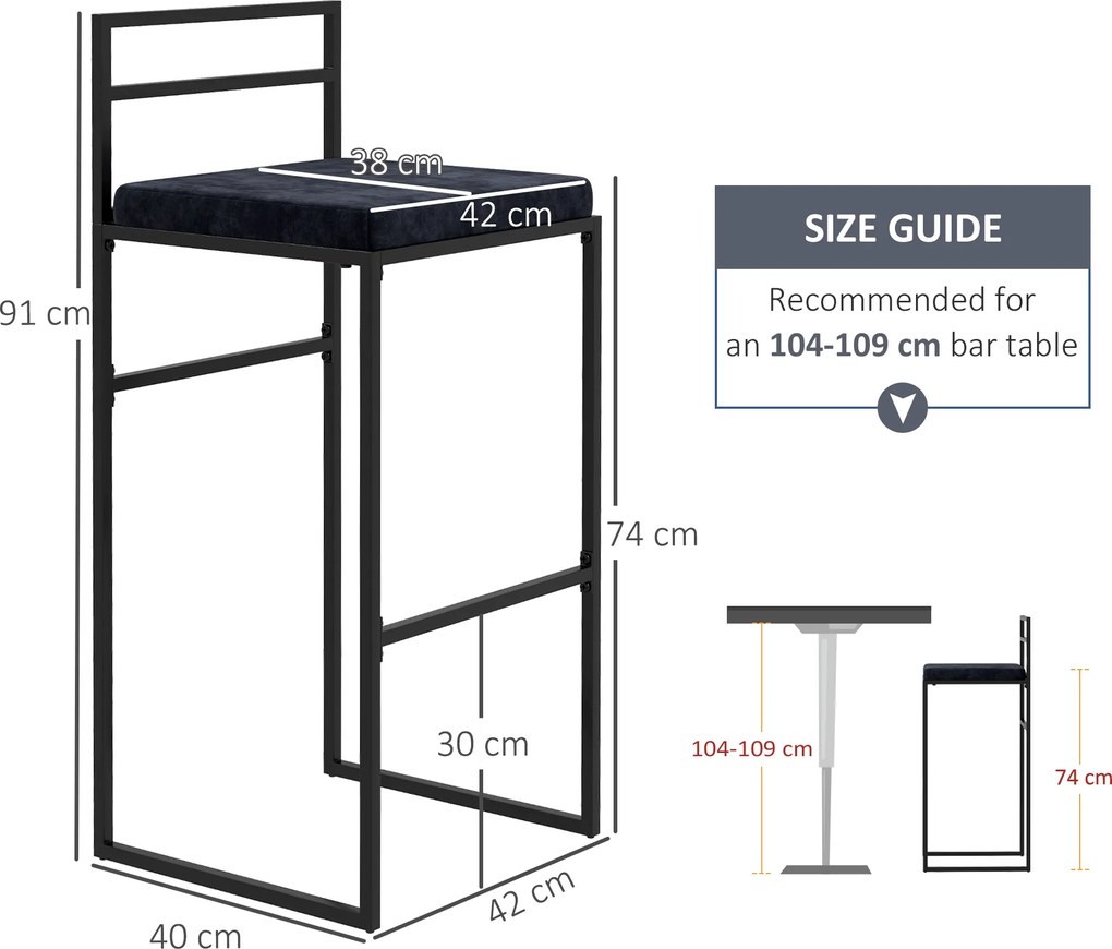 Conjunto de 2 cadeiras de bar com assento alto, almofada de veludo e apoio para os pés, altura 74 cm, preto