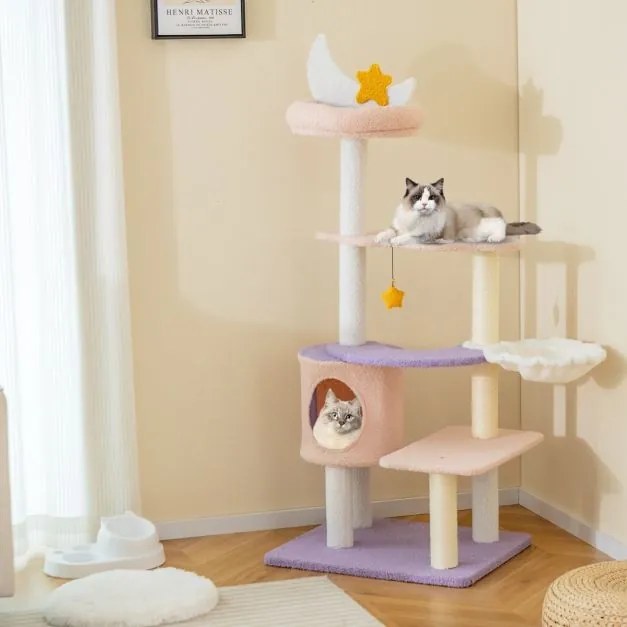 Arranhador para gatos de vários níveis com poste de arranhar coberto de sisal Rede de pelúcia brinquedos Roxo