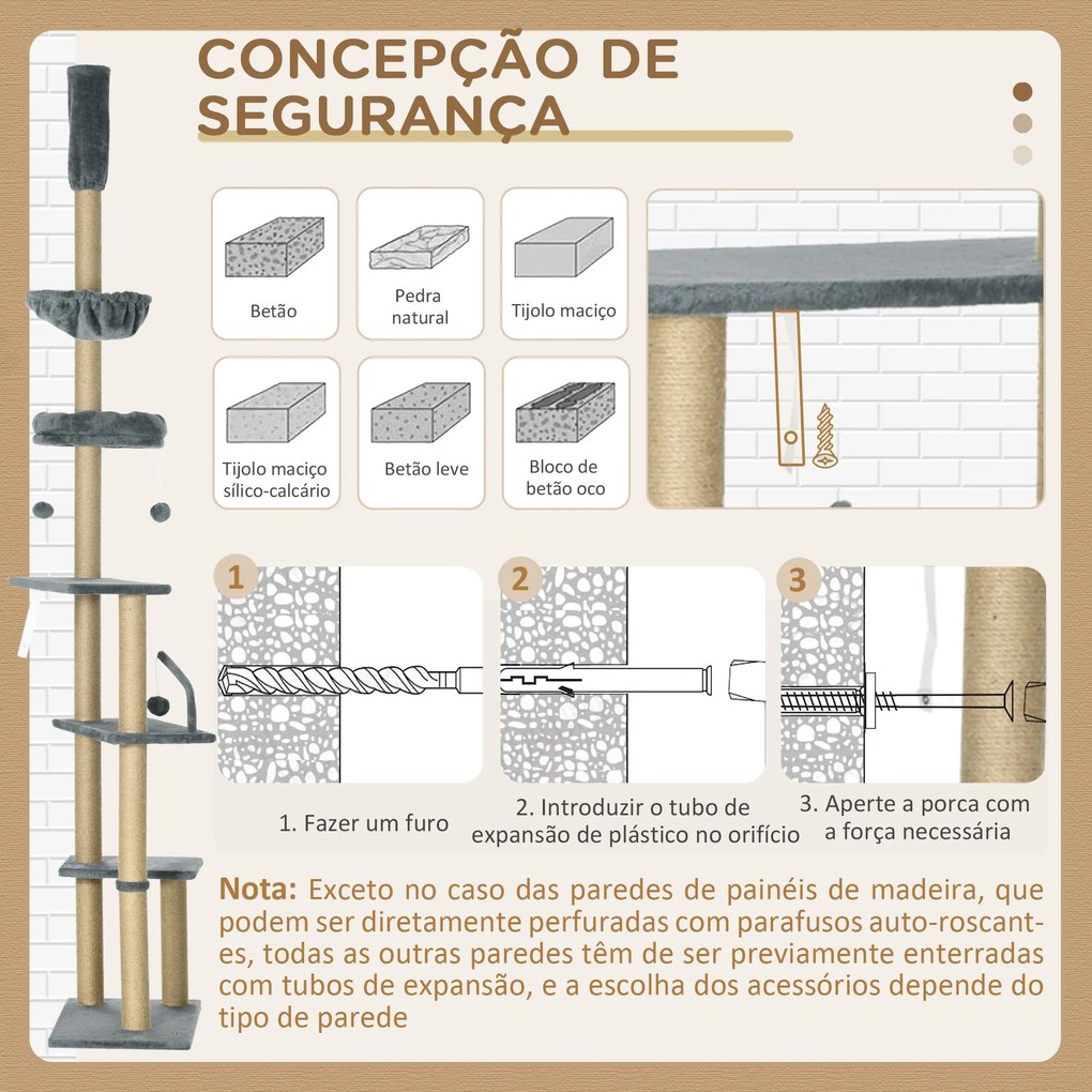 PawHut Arranhador para Gatos do Solo ao Teto de 230-250 cm Arranhador