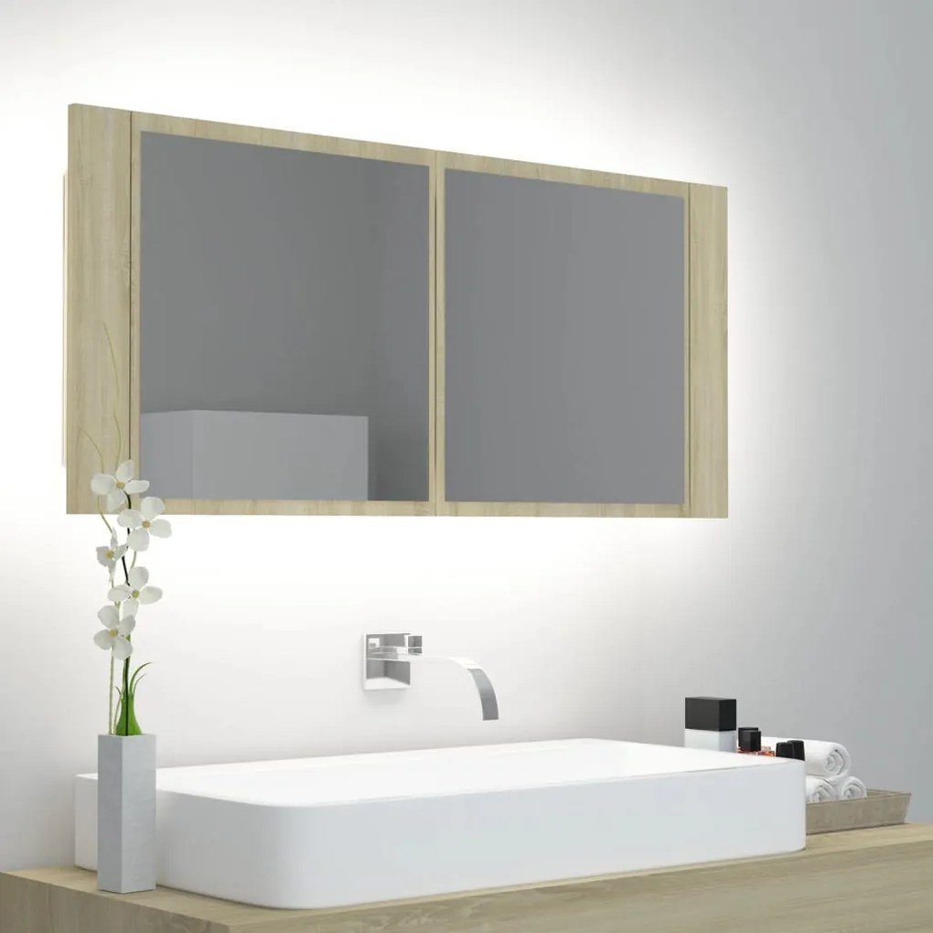 804983 vidaXL Armário espelhado casa de banho LED acrílico carvalho sonoma