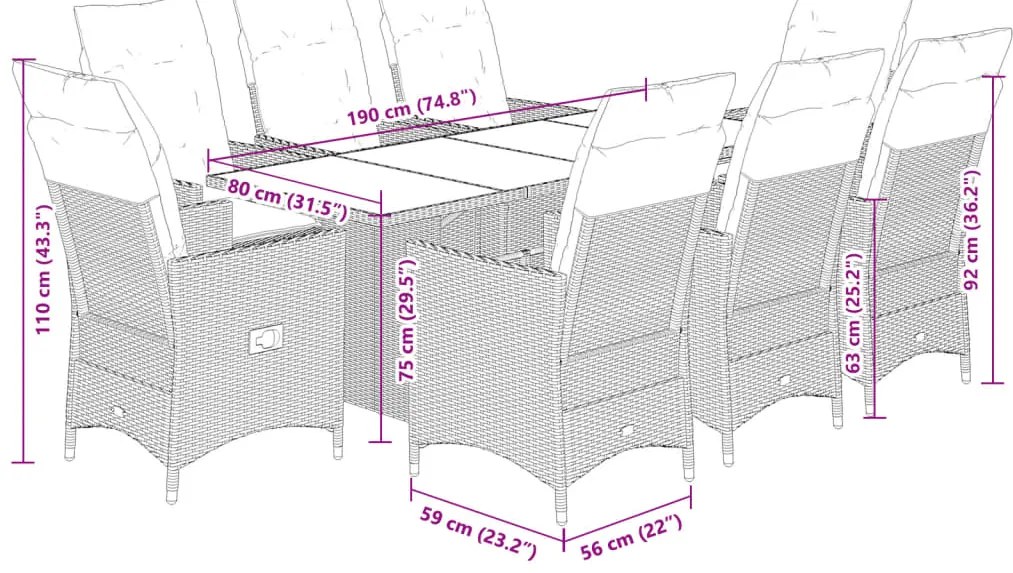 9 pcs conjunto de jantar p/ jardim com almofadões vime PE bege