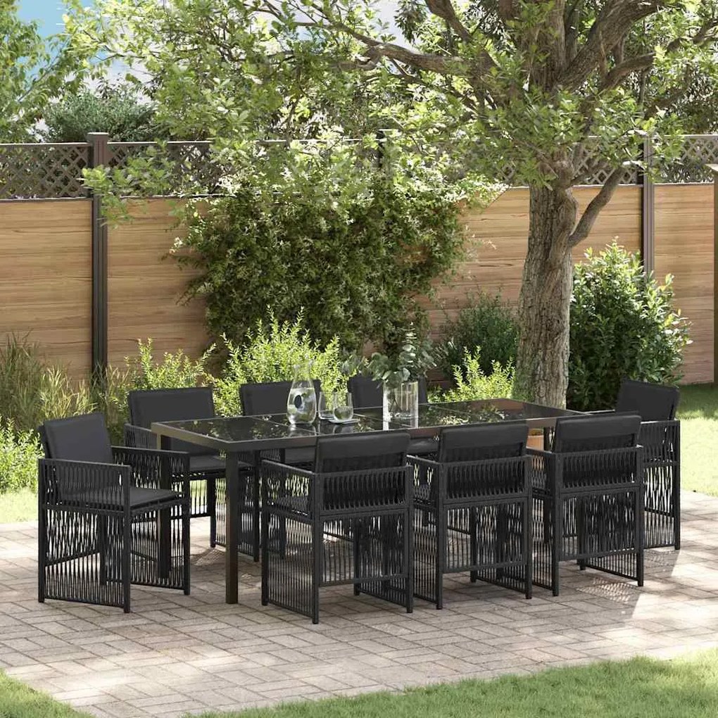 vidaXL Conjunto de Jantar de Jardim com 9 Peças e Almofadas Pretas em Rattan Sintético