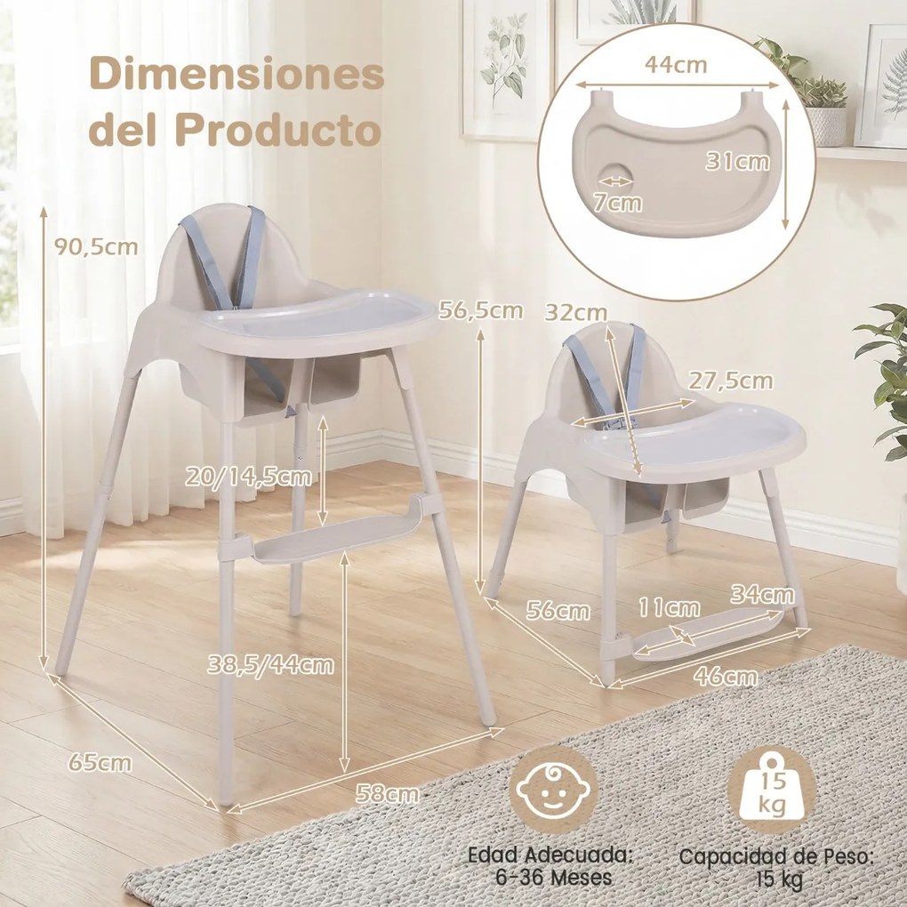Cadeira refeição alta conversível 4 em 1 para bebés 2 alturas comTabuleiro duplo removível Arnês de 5 pontos Apoio para os pés Fácil de limpar 6-36 me
