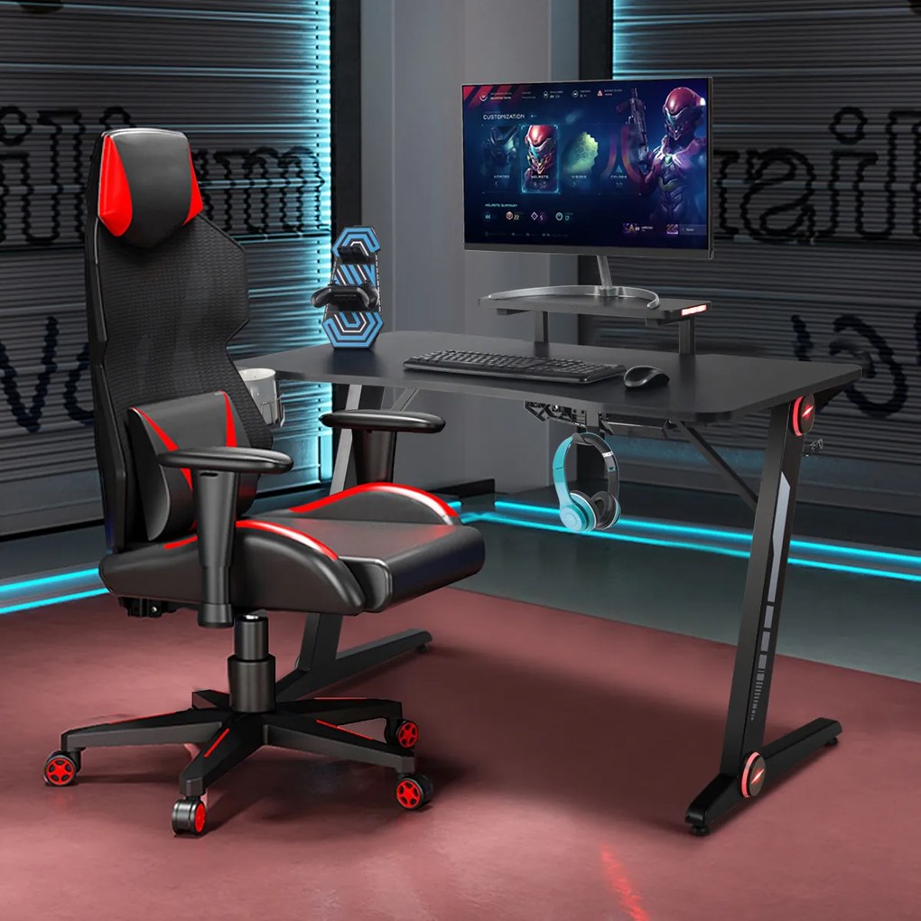 Secretaria Mesa Gaming com suporte de monitor Mesa de jogos com luzes RGB com suporte de tampão de vidro Gancho 120 x 60 x 87,2 cm Preto