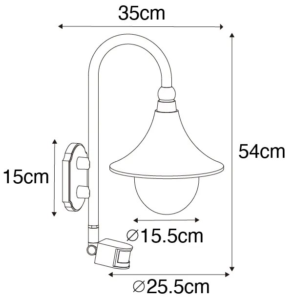 Candeeiro de parede exterior dourado antigo IP44 com sensor de movimento - Daphne Clássico / Antigo