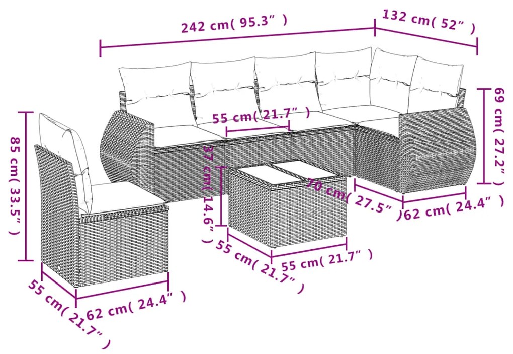 7 pcs conjunto de sofás p/ jardim c/ almofadões vime PE preto