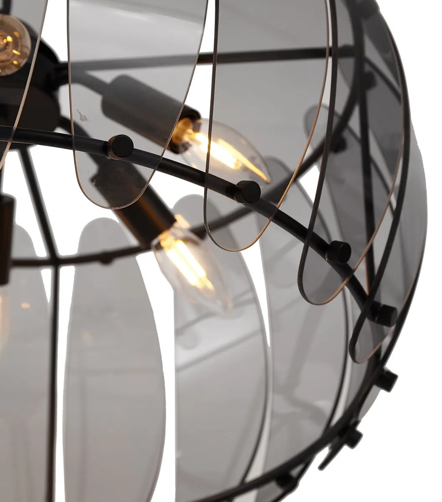 Candeeiro suspenso de design preto com vidro fumado redondo 6 luzes - Mochan Moderno
