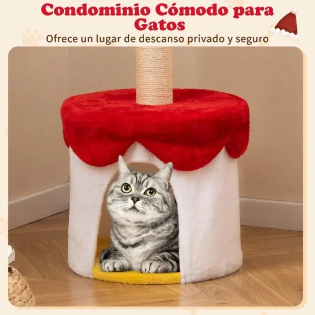 Arranhador de Natal para gatos com cama 80 cm com arranhador de sisal Bola pendente Almofada lavável Centro vermelho