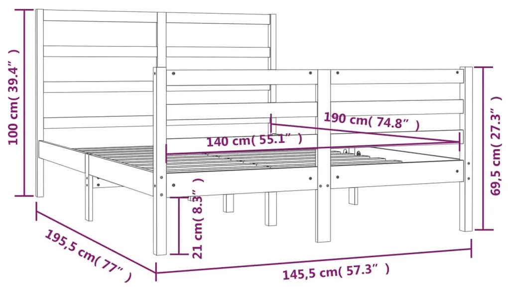 Estrutura de cama 140x190 cm madeira de pinho maciça cinzento