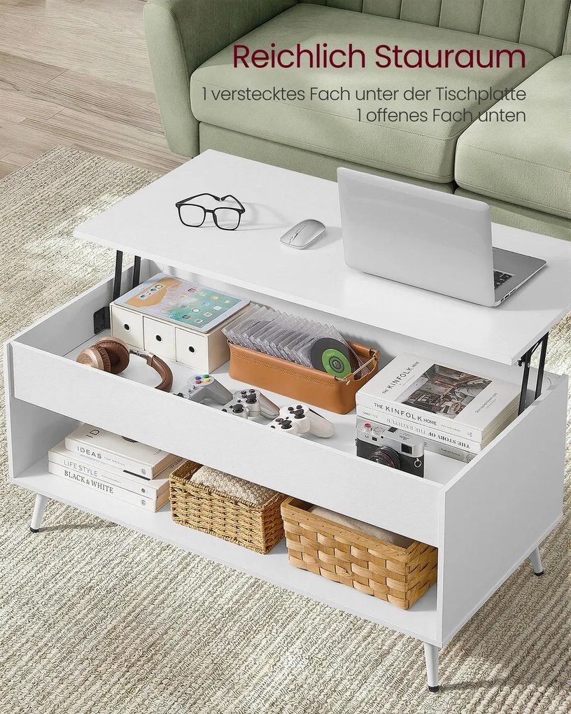 Mesa de centro 50 x 100 x 45/58,5 cm com tampo ajustável e compartimento oculto, branca