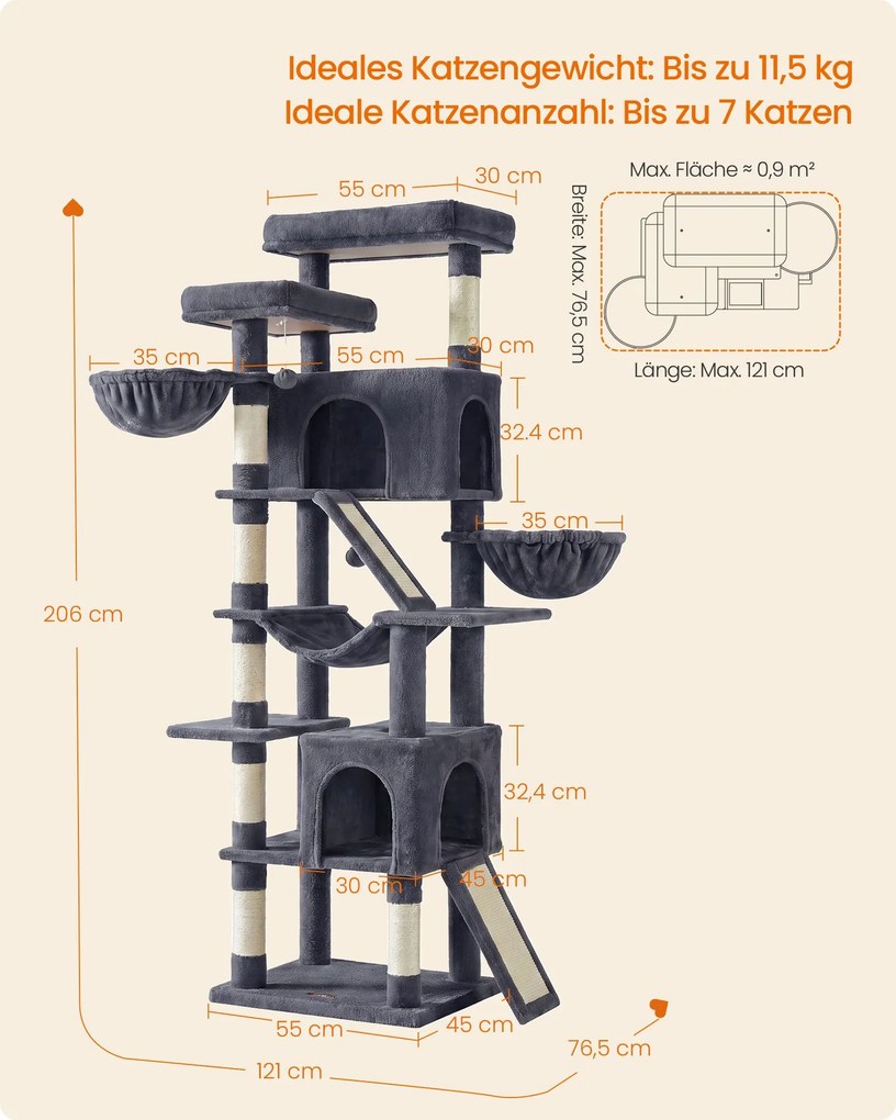 Arranhador para gatos para arranhar XXL com placas para arranhar e sisal, 55 x 45 x 206 cm, cinzento escuro