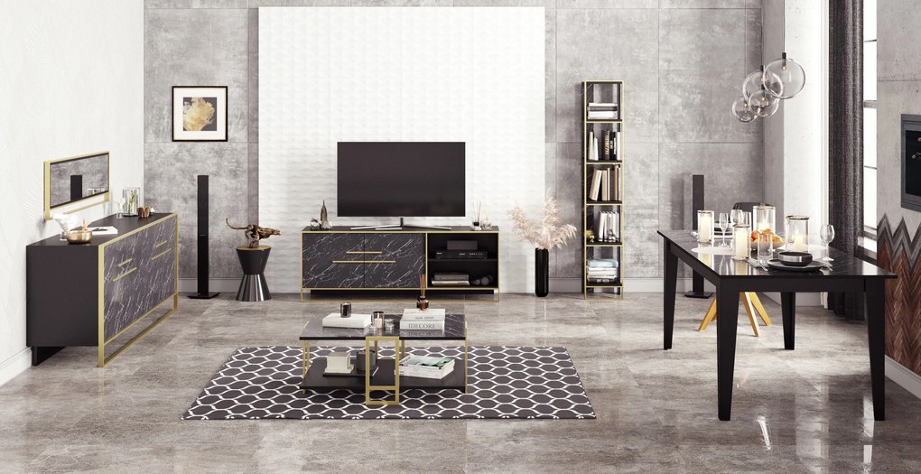 Móvel de TV SIENA em Mármore Preto com 2 Portas e Base Dourada – 160x3