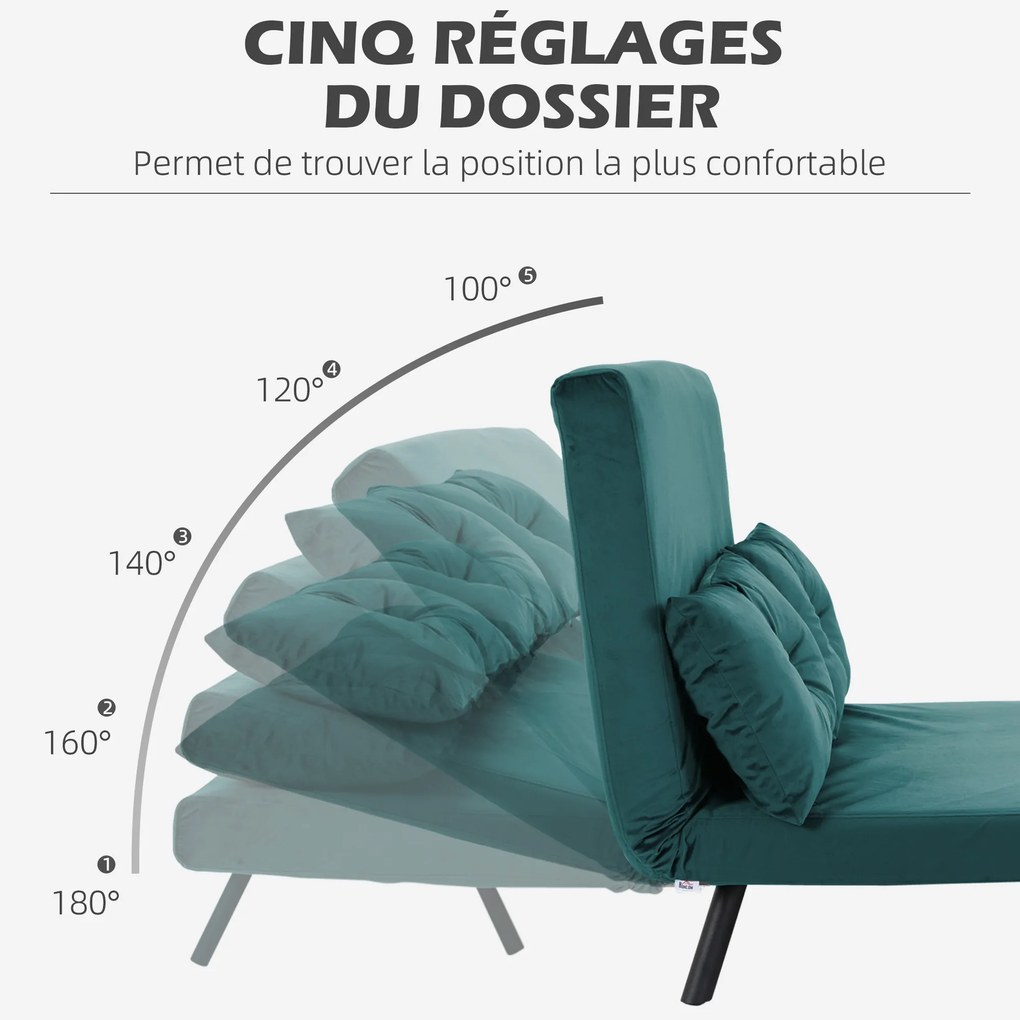 Sofá-cama de 2 lugares 102 C x 73 P x 81 A cm com encosto ajustável em 5 posições e 2 almofadas estofadas, revestimento em veludo, verde-pato