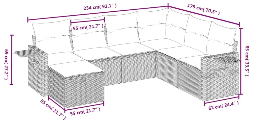 7 pcs conjunto de sofás jardim c/ almofadões vime PE castanho
