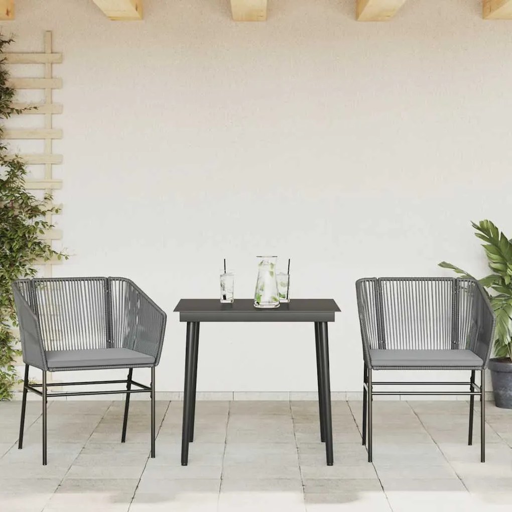 Conjunto jantar jardim 3 peças almofadas vidro vime cinzento PE