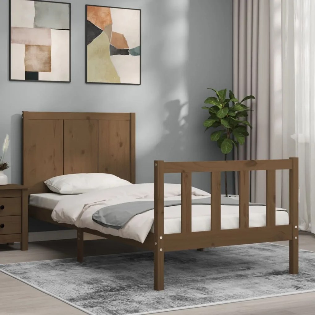 Estrutura cama cabeceira 100x200cm madeira maciça castanho-mel