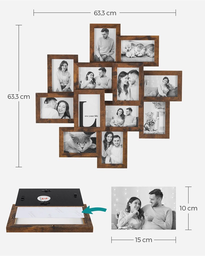 12 molduras para fotografias de 10 x 15 cm – decoração de parede castanho vintage