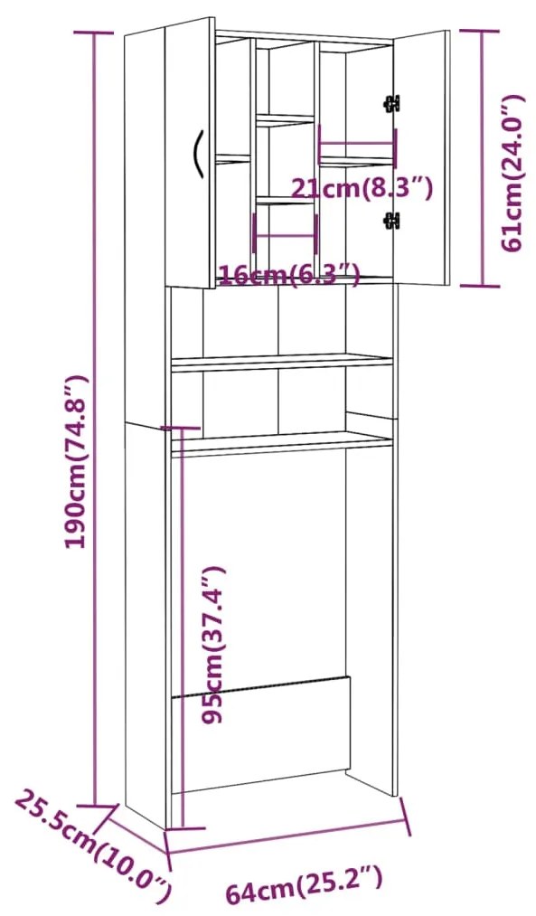 Armário máquina de lavar roupa 64x25,5x190 cm cinzento sonoma