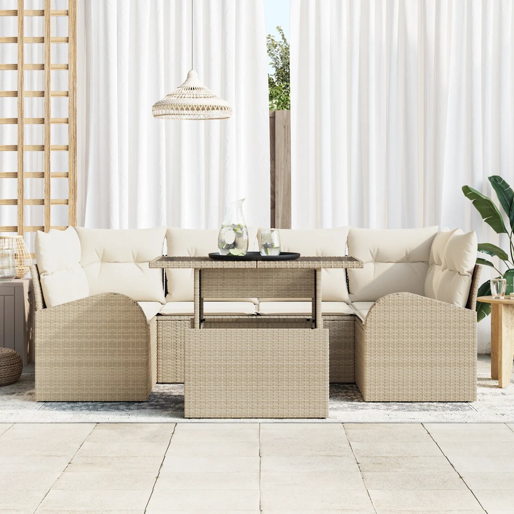 Conjunto de Sofá de Jardim 7 Peças com Almofadas Bege de Polirattan