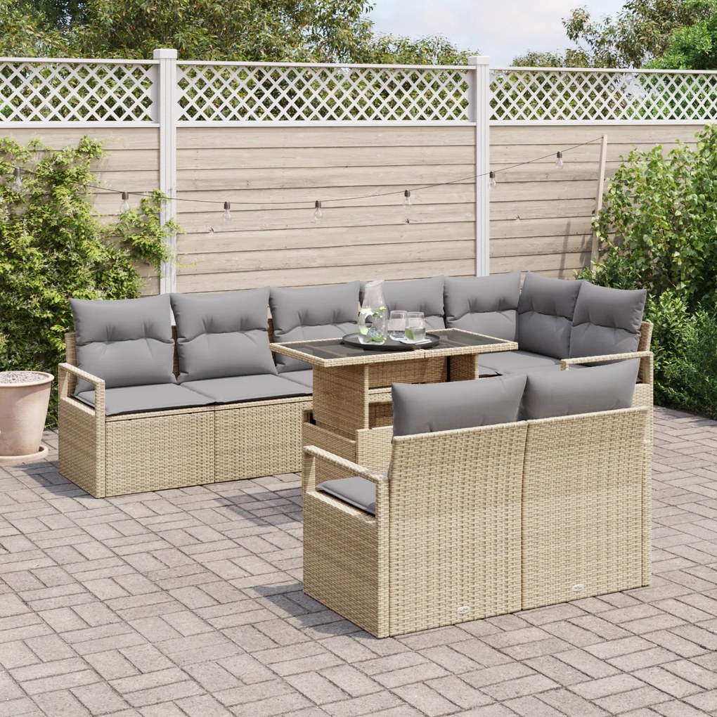 Conjunto de Sofá de Jardim vidaXL 9 Peças com Almofadas Bege Rattan Po