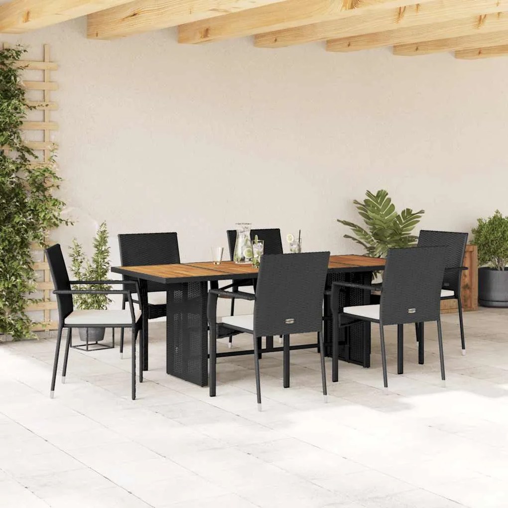 vidaXL 7 pcs conjunto de jantar p/ jardim c/ almofadões vime PE preto