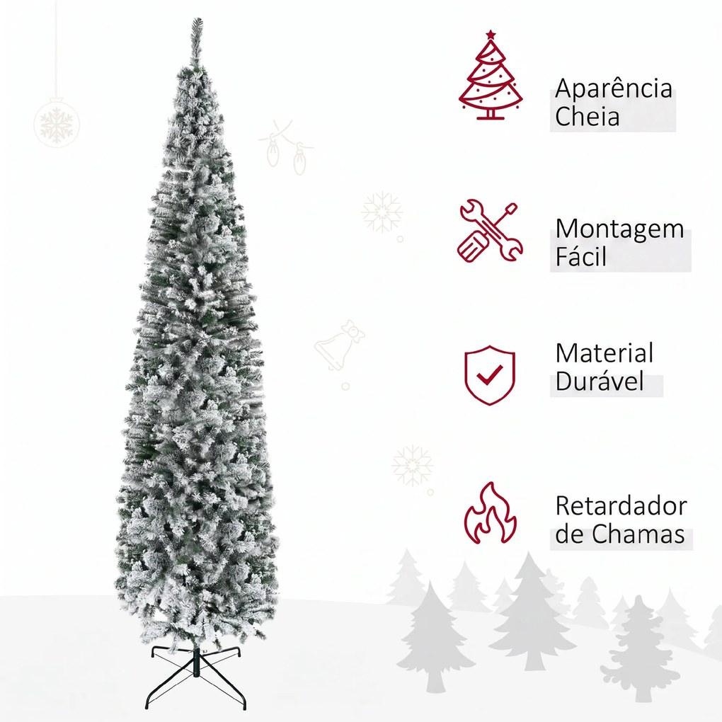 Árvore de Natal Estreita 270 cm com Efeito Neve, 1014 Ramos e Suporte Metálico, Verde e Branco