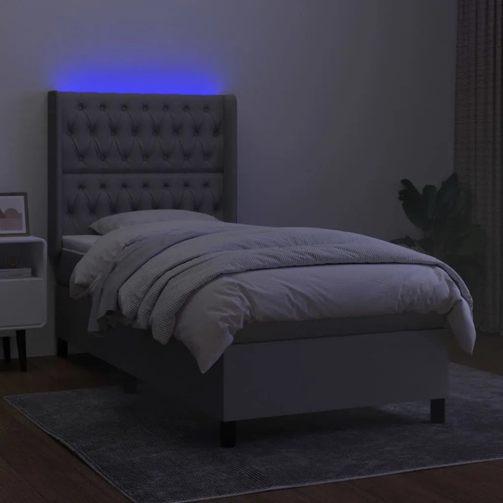 Cama box spring c/ colchão e LED 90x190 cm tecido cinza-claro