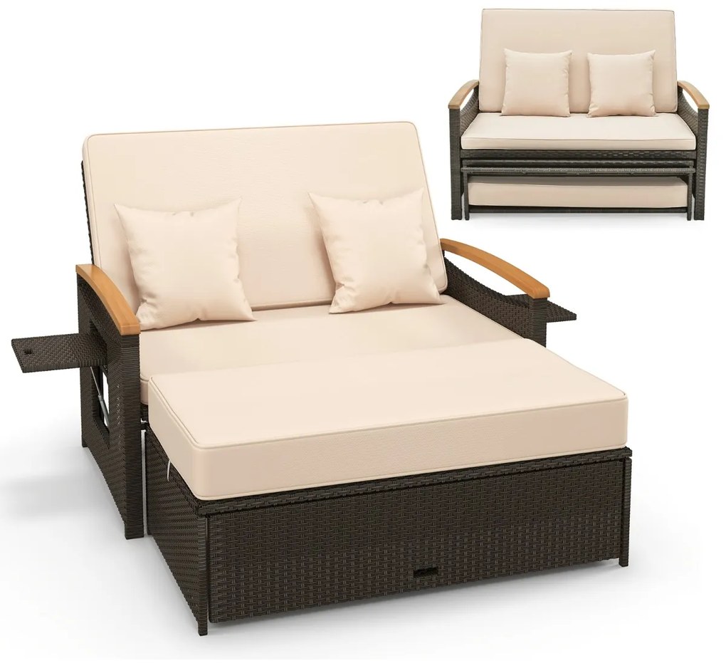 Sofá-cama de rattan para exterior com apoio para os pés com arrumação Encosto ajustável em 4 níveis e tabuleiros laterais retrácteis mistura de castan