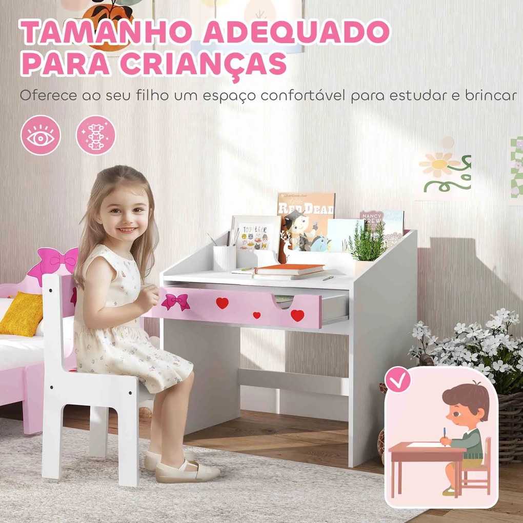 Conjunto de Secretária e Cadeira para Crianças com Gaveta Amovível e Compartimento para Dormitório Sala de Jogos Rosa e Branco