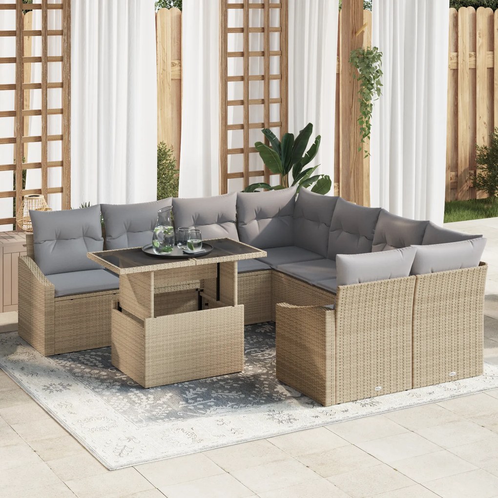 Conjunto de Sofá de Jardim 9 Peças com Almofadas Bege em Polyrattan