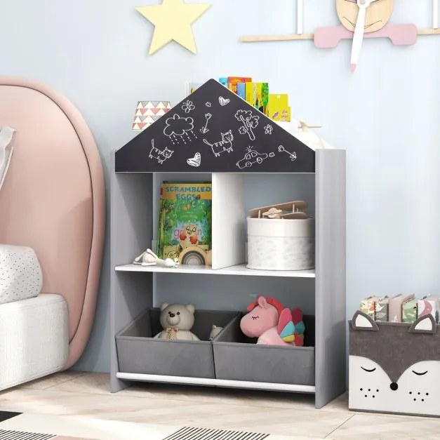 Estante em forma de casa para crianças Organizador de brinquedos em madeira com quadro branco 4 compartimentos 2 gavetas Cinzenta