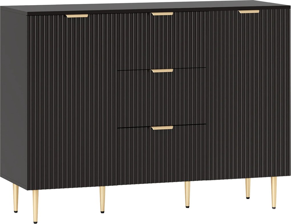 HOMCOM Aparador para Sala 120x40x90 cm 3 Gavetas Prateleiras Reguláveis Portas Caneladas Preto | Aosom Portugal