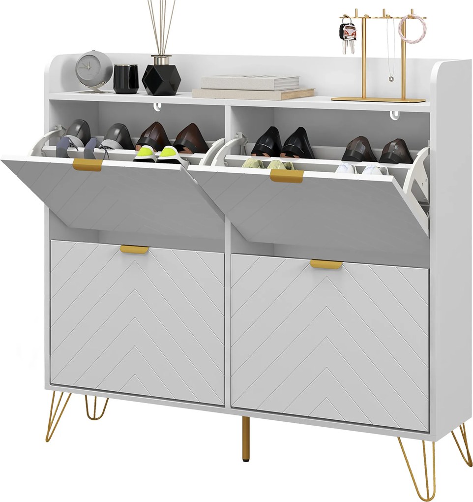 Sapateira, Armário para sapatos com 4 portas basculantes, com prateleira ajustável, 106 x 24 x 102 cm, branco