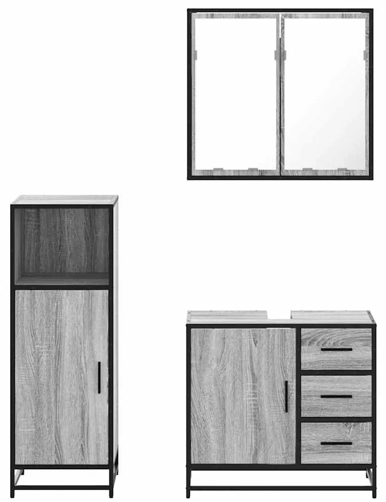 3 pcs Conjunto móveis casa de banho madeira proc. cinza sonoma
