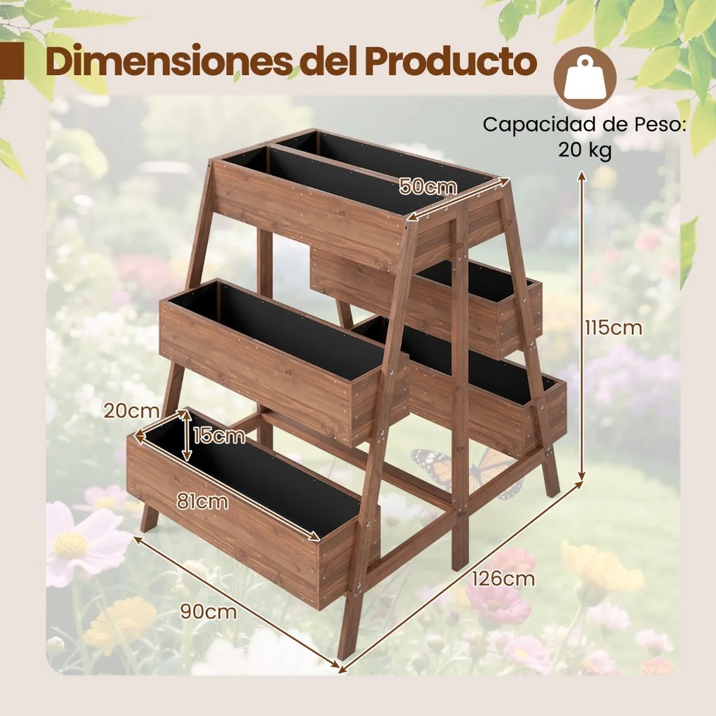 Floreira de jardim elevada de vários níveis em madeira com base de ripas e forro preto para interior e exterior castanho