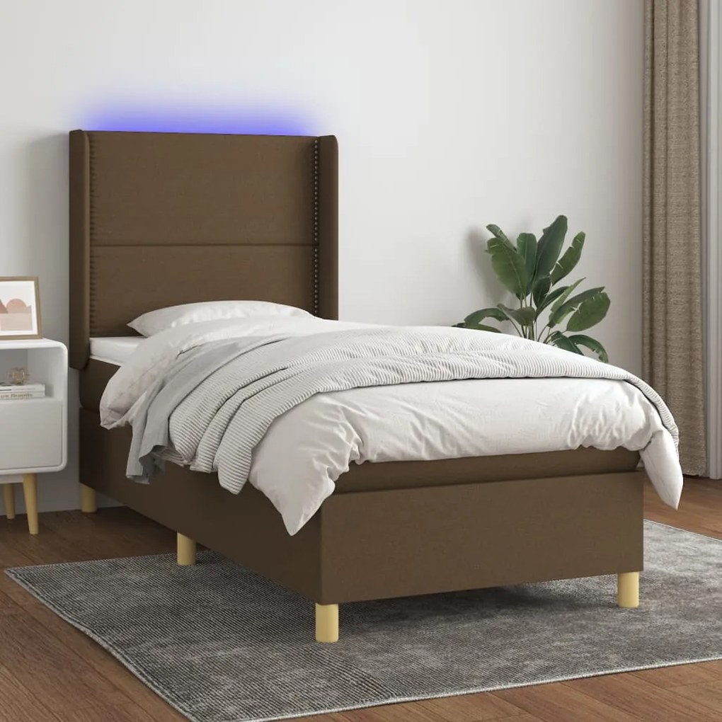 Cama box spring c/ colchão/LED 100x200cm tecido castanho-escuro