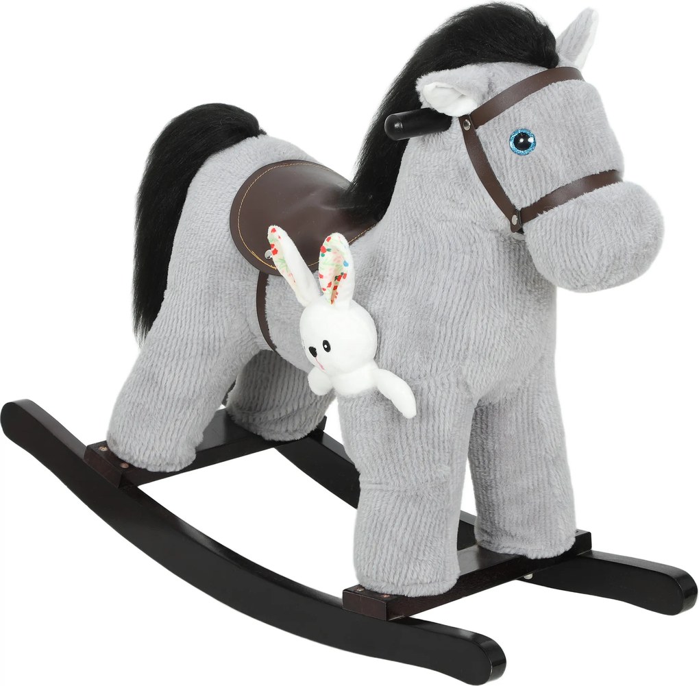 Cavalo de baloiço para crianças, brinquedo de baloiço para bebés em peluche com efeitos sonoros e boneca, 71 x 26 x 55 cm, cinzento