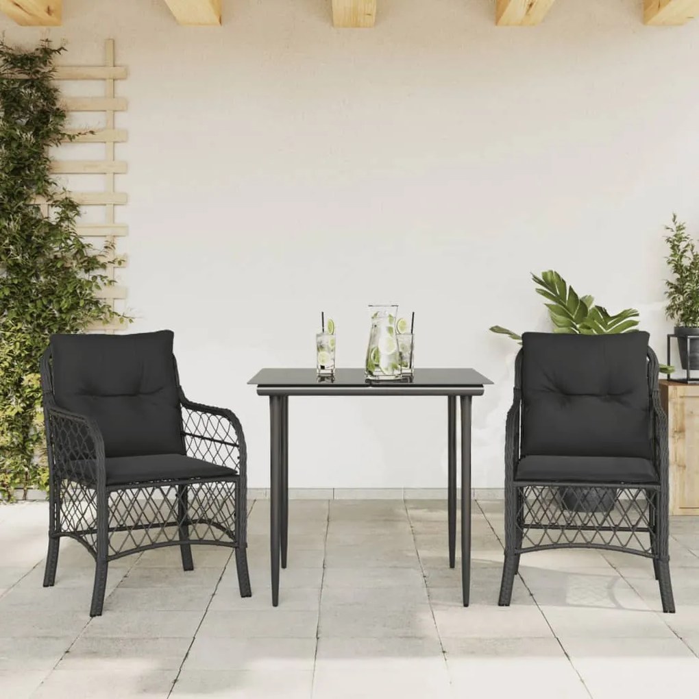 3 pcs conjunto de bistrô com almofadões vime PE preto