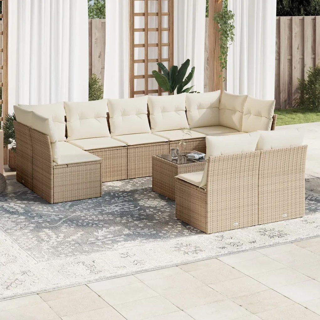 vidaXL 10 pcs conjunto de sofás p/ jardim com almofadões vime PE bege