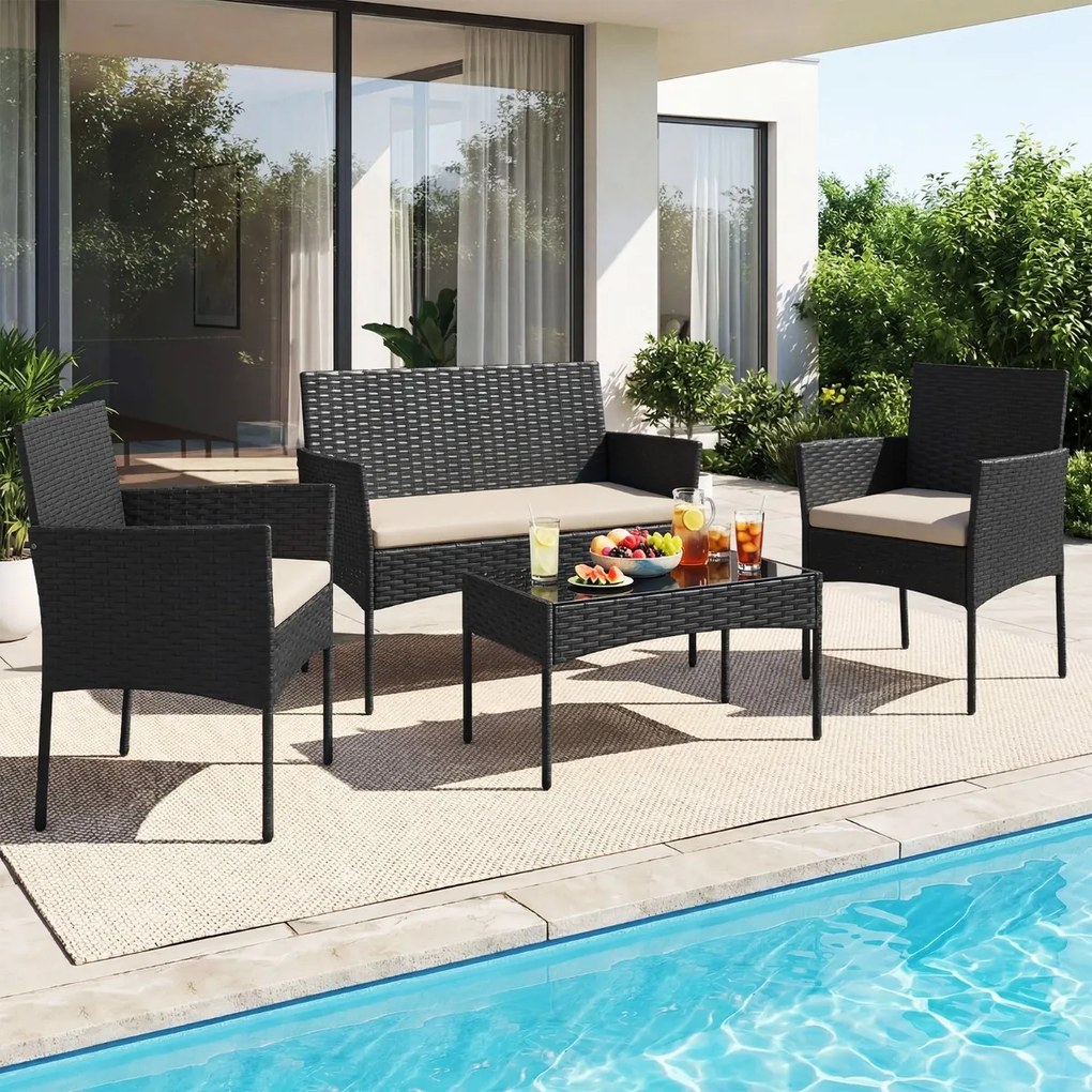 Conjunto de jardim em rattan de 4 peças, com 2 poltronas, sofá de 2 lugares, mesa auxiliar e almofadas de espuma, para alpendre, pátio ou terraço, Pre