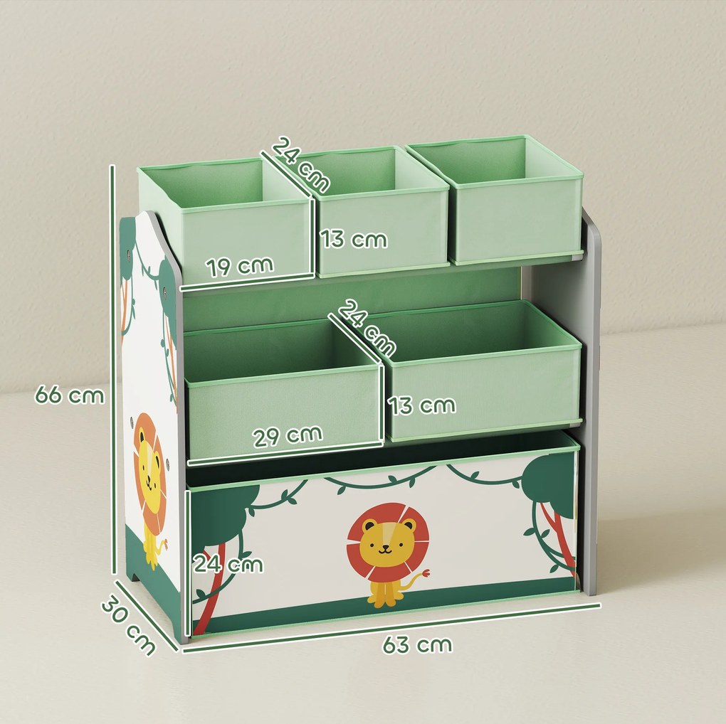 Móvel de arrumação infantil de 3 níveis 110 x 29,5 x 82  cm, estante para brinquedos com 6 caixas de tecido removíveis, verde