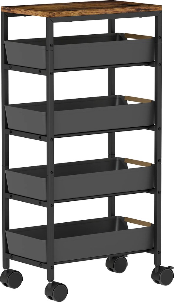 Carrinho de Cozinha de Armazenamento de 5 Níveis Carrinho Auxiliar com Rodas Bancada com Efeito Madeira 39,5x24x82 cm Preto