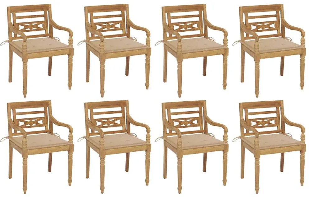 vidaXL Cadeiras Batávia com almofadões 8 pcs madeira de teca maciça
