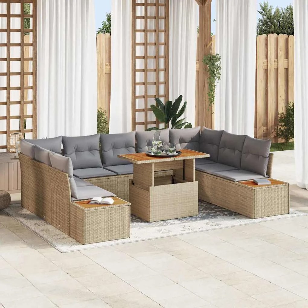 vidaXL Conjunto de Jantar pra Jardim com 10 Peças e Almofadas Bege em Rattan Sintético e Acácia