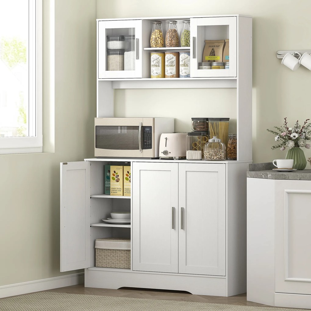 Armário de cozinha de estilo escandinavo 108 x 35 x 180 cm, compartimentos abertos, portas de vidro e bancada, branco