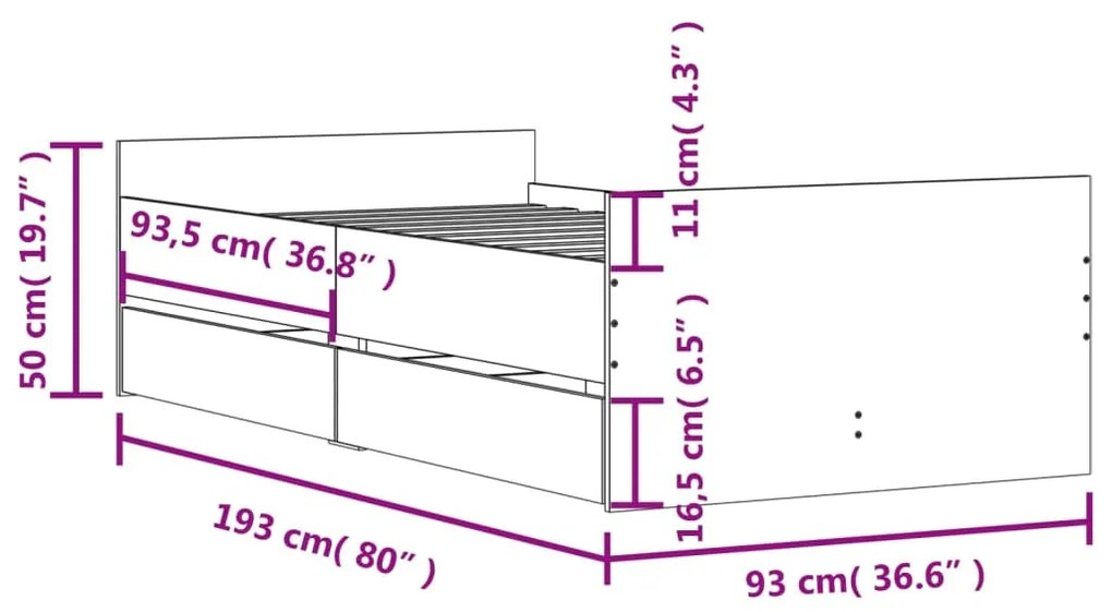 Estrutura de cama com gavetas 90x190 cm cinzento sonoma