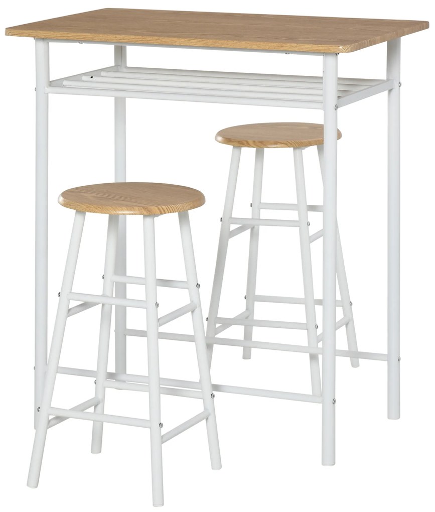 HOMCOM Conjunto de Móvel Bar Conjunto de Mesa Alta e 2 Bancos com Prateleira de Armazenamento e Estrutura de Metal para Cozinha Sala de Jantar 80x50x90cm Branco e Madeira