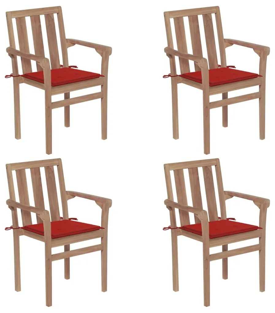 vidaXL Cadeiras de jardim empilháveis c/ almofadões 4 pcs teca maciça