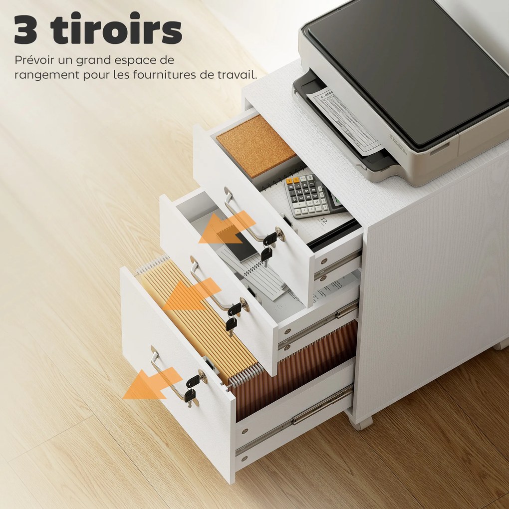 Bloco gavetas de Secretária com Rodas, 40 x 40 x 69,5 cm, 3 Gavetas com Fechadura, Branco