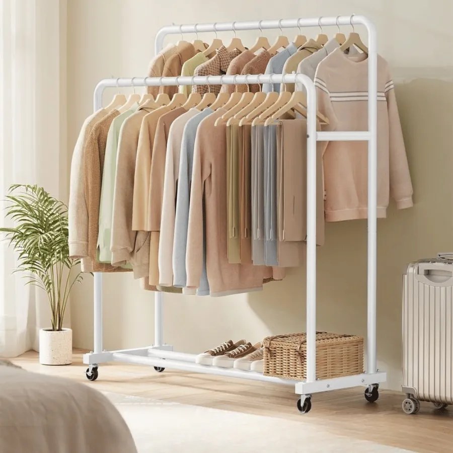 Guarda roupa Cabideiro 46,5 x 110 x 155,5 cm com rodas para arrumação flexível, branco mate